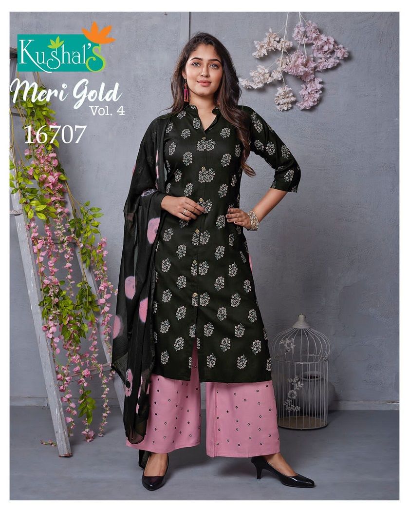Kushal Meri Gold 4 Kurti With Plazzo And Dupatta Rayon Readymade Dress Collection